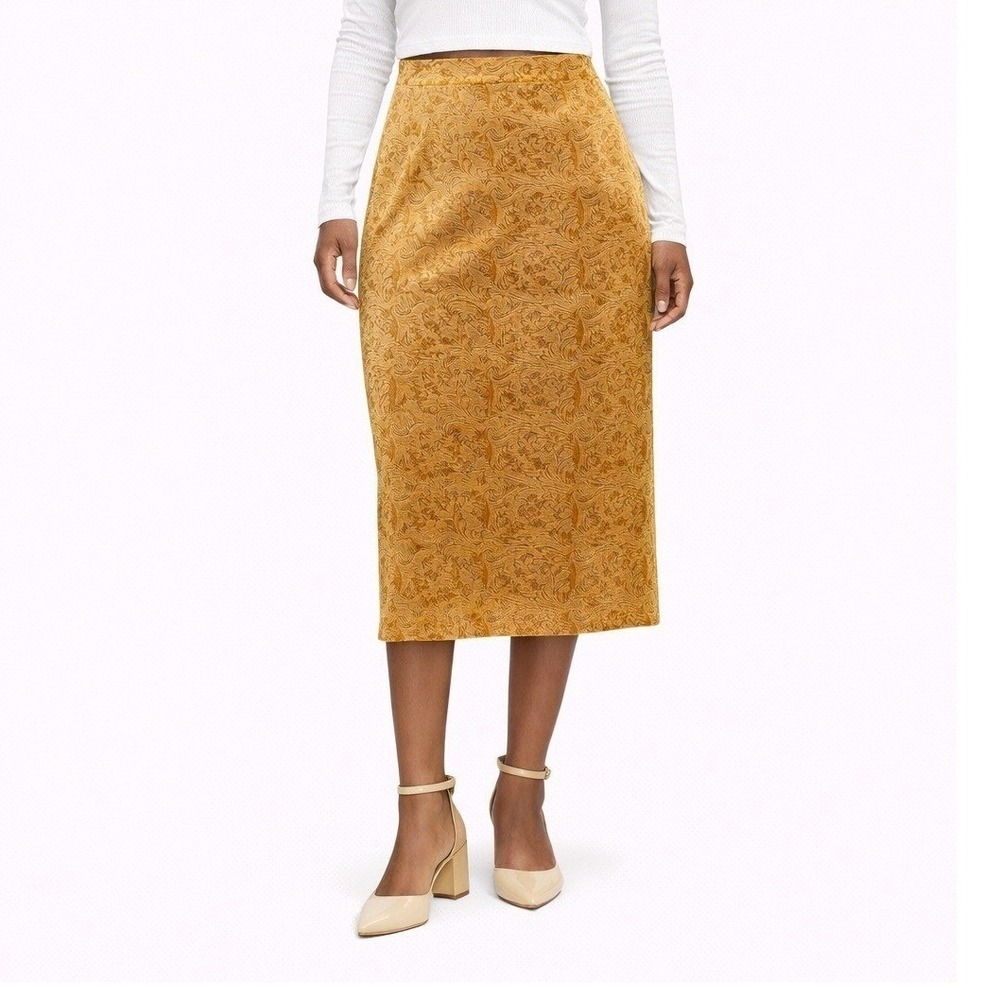 Elegant Gold Baroque Print Midi Skirt Slit Velvet Feel Women's